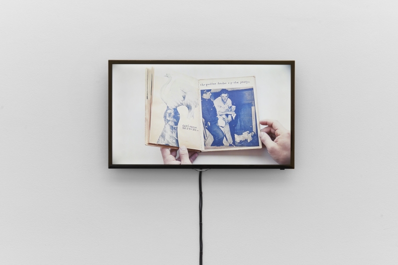 Video documentation of Ray Johnsonï¿½s artist book Ray Gives a Party, ca. 1955, installation view, Bizarre Silks, Private Imaginings and Narrative Facts, etc., Kunsthalle Basel, 2020. Photo: Philipp Hï¿½nger / Kunsthalle Basel